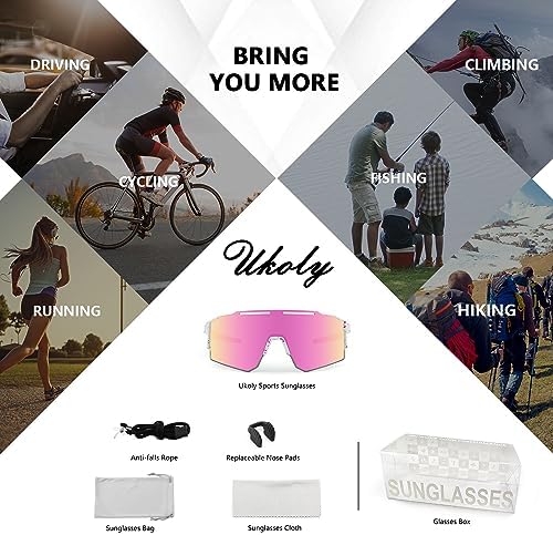 Ukoly Cycling Sunglasses for Men Women with 3 Interchangeable Lenses, Polarized Sports Sunglasses, Baseball Sunglasses