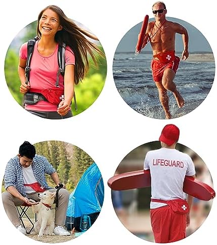 Lifeguard Fanny Pack Red with Whistle Lanyard - Baywatch Style First Aid Hip Pack, Adjustable Strap, Cross Logo + Zipper Pouch, 10 Pack