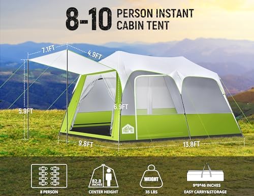 8/10 Person Instant Camping Tent, Pop-Up Family Tent for Instant Easy Setup, Spacious Interior, Includes Rainfly, Room Divider, Carry Bag, Backpacking Tents for Camping, Hiking, Sleepovers