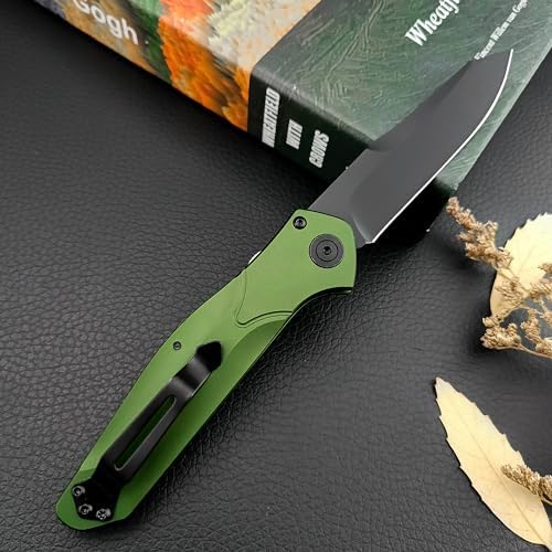 HUAAO 7.7” Assisted Opening Push Button Pocket Knife, Folding Knife with Reversible Pocket Clip, 3.14” D2 Blade and Green Aluminum Alloy Handles, Outdoor Survival Knife EDC Hunting Tool