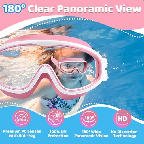 Vvinca Kids Goggles with Comfort Fabric Strap, Kids Swim Goggles Wide View Anti-Fog/UV No Leaking Swimming Goggles for 3-14