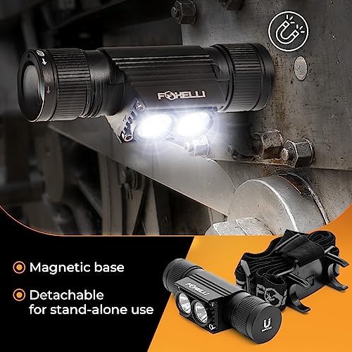 Foxelli Ultra Bright Rechargeable Headlamp – 18650 Battery, IPX7 Waterproof, 1200 Lumen LED Light for Work & Outdoors, with Battery & Hooks - Perfect for Hard Hat or Helmet