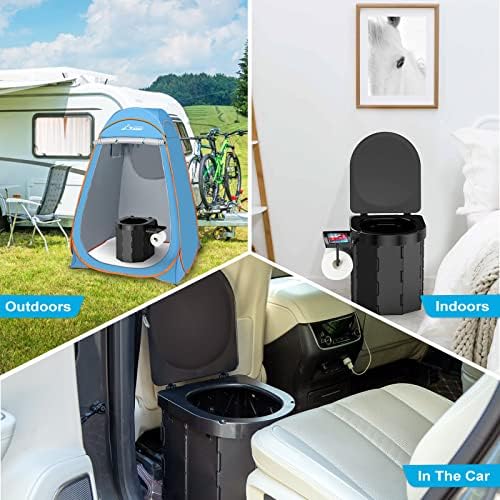 Portable Camping Toilet, Foldable Toilet for Adults with Detachable Phone Shelf and Toilet Paper Holder, Waterproof Porta Potty with Lid for Camping, Hiking, RV Travel, Road Trips