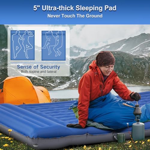Double Sleeping Pad Camping, Self Inflating 6'' Extra-Thick 2 Person Pillow Built-in Foot Pump Waterproof Inflatable Sleeping Mat Backpacking, Tent, Hiking, Portable Camping Pad (Navy Grey)