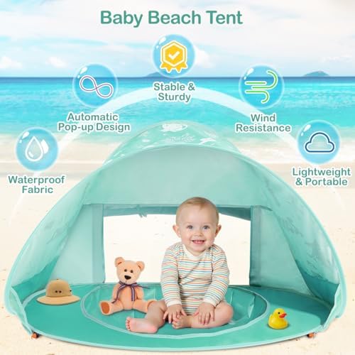 Zooawa Baby Beach Tent, Pop Up Beach Tent Sun Shade for Beach, Portable Shade Pool UV Protection Sun Shelter for Infant with Beach Sand Toys Set