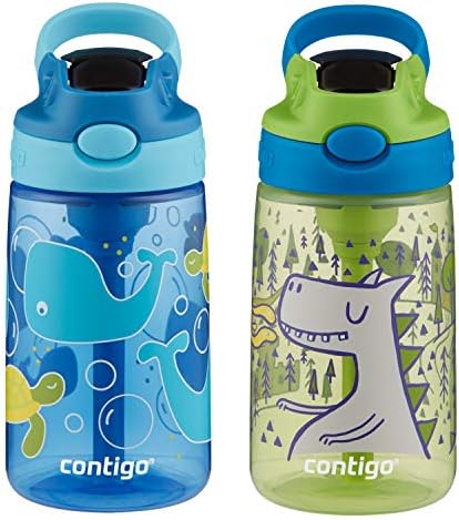 Contigo Aubrey Kids Water Bottle with Silicone Straw and Spill-Proof Lid, 14 oz, 2 Pack, Whales & Dragon