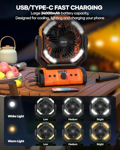 kejector Portable Camping Fan Rechargeable - 23000mAh 3-in-1 Battery Powered Fan with LED Lights, USB C, Auto Oscillating Portable Fan for Tents, Travel, BBQ, Fishing, Home, Office, Camper Essentials