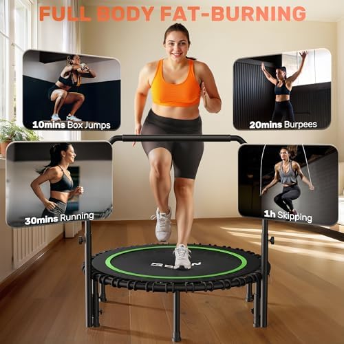 BCAN 450/550 LBS Foldable Mini Trampoline, 40"/48" Adult Fitness Trampoline with Bungees, U Shape Adjustable Foam Handle, Stable & Quiet Exercise Rebounder,Indoor/Outdoor Workout