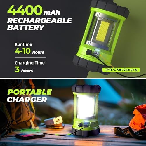 Rechargeable Camping Lantern, 3000LM 5 Light Modes Camping Light 4400 Capacity Phone Charger LED Impact-Resistant Flashlight Lantern Portable Waterproof Hurricane Lanterns for Emergency(Pale Green)