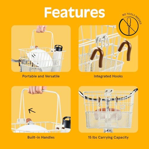 Retrospec Apollo Detachable Front Bike Basket Steel Half-Mesh with Integrated Detachable Hooks and Built-In Handle, Easy Assembly and Portability for Bicycles