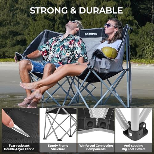 FUNDANGO Oversized Double Camping Chair, 660lbs Heavy Duty 2 Person Folding Padded Loveseat for Adults with Arm Cup Holder for Outdoor Patio Lawn Camp with Carry Bag (Black/Grey)