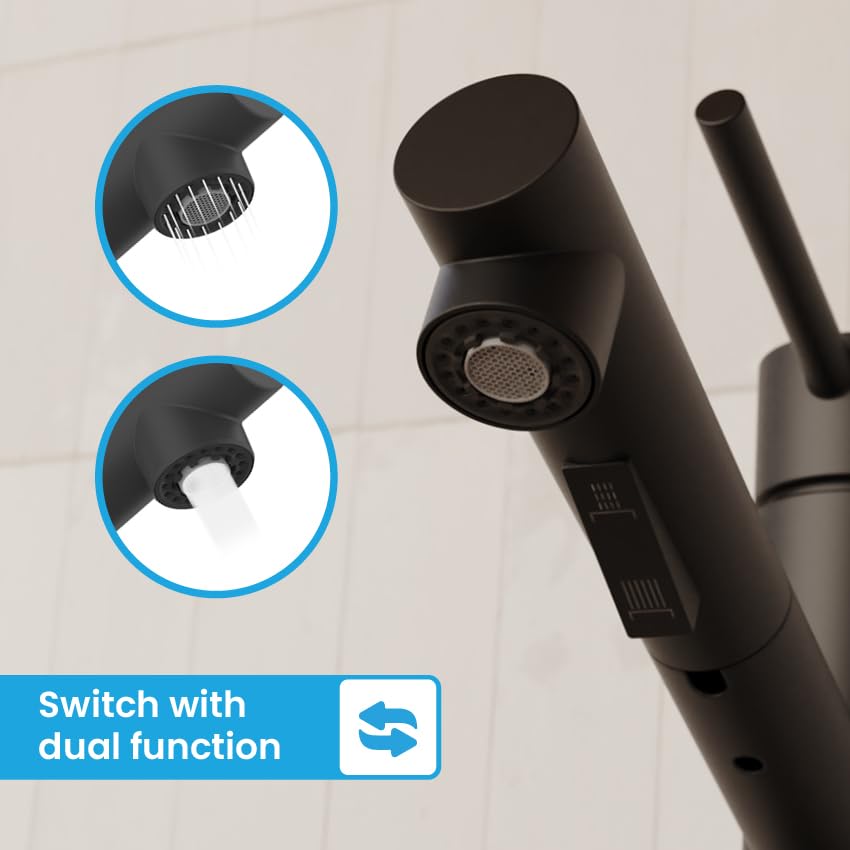 Bächlein Kitchen Faucet (Matt Black) - Single-Lever Sink Mixer Made of Stainless Steel with Extendable Hose and Shower with Switch Button, Water Tap for The Kitchen