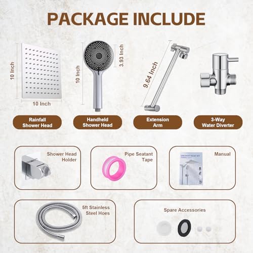 Shower Head,10”Rain Shower Head with Handheld Spray Combo and Adjustable Extension Arm/3-Way Flow Regulator/Shower System,High Pressure Rain Fall Hose,Chrome