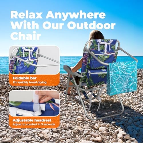 Tall Beach Chairs for Adults – 5-Position Reclining Backpack Chair with Large Insulated Cooler & Storage Pocket, Aluminum Frame, Portable for Travel & Outdoor, Supports 300lbs, Tropical Palm