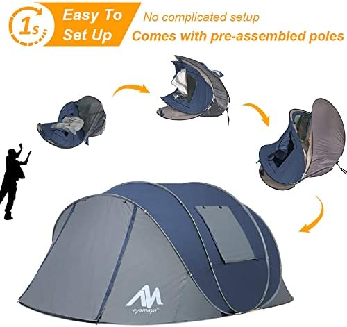 6 Person Easy Pop Up Tents for Camping - AYAMAYA Double Layer Waterproof Instant Tent with Vestibule & Porch, Large Size Family Tent Automatic Setup for 4-6 People Camping Hiking (Poles Included)