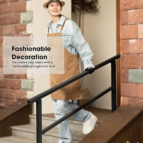 VIVOSUN Outdoor Handrail, 5 Step Stair Handrai, 69" x 36" Fits 1 to 5 Steps, Wrought Mattle Iron Handrail for Concrete Steps, Porch Steps, One-Step Assembly, Black