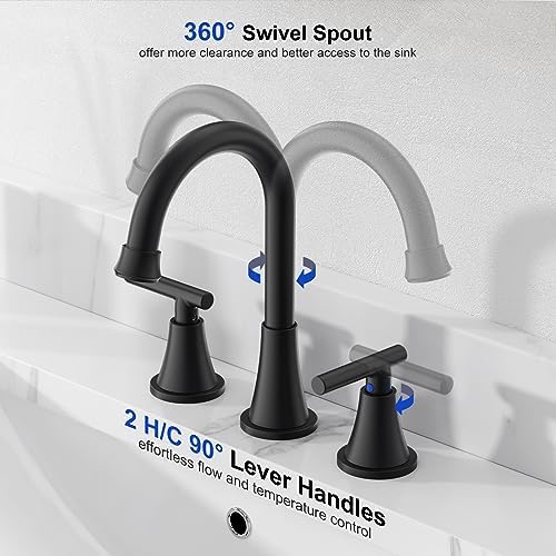 Bathroom Faucets for Sink 3 Hole, Hurran Matte Black Bathroom Sink Faucet with Pop-up Drain and Supply Lines, Stainless Steel Lead-Free Widespread Faucet for Vanity RV Farmhouse, 2 Pack