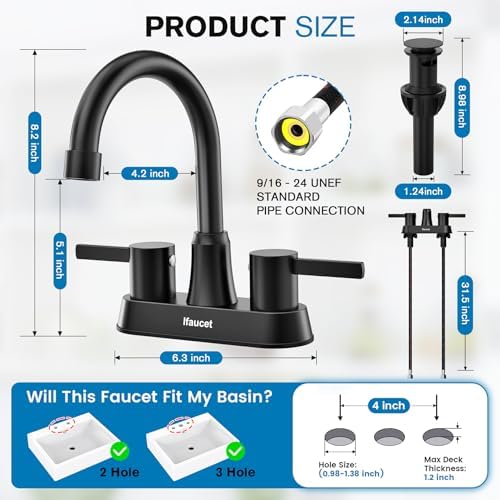 Black Bathroom Faucet 3 Hole, Bathroom Faucets for Sink 3 Hole, Bathroom Sink Faucet, 4 Inch 2 Handle Centerset, Lead-Free, with Copper Pop Up Drain (Matte Black)