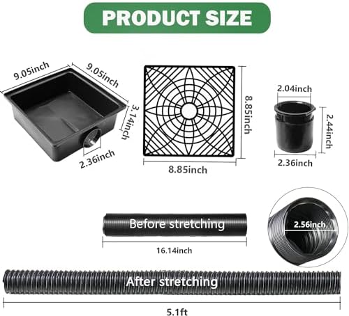 Gutter Downspout Extensions,Catch Basin Low Profile Downspout Extender | No Deep Dig Catch Basin, Flexible Pipe Extension to 5.1ft, Protect House Foundation