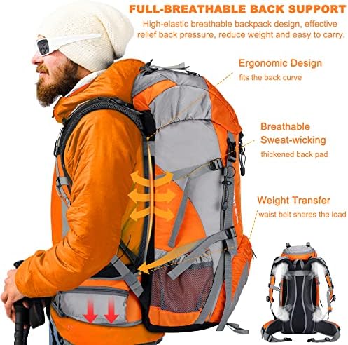 Loowoko 50L Hiking Backpack, Waterproof Camping Essentials Bag with Rain Cover, 45+5 Liter Lightweight Backpacking Back Pack