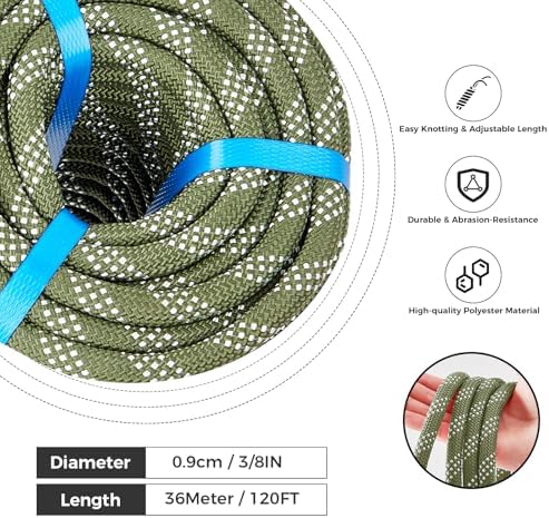 3/8 Inch 120ft Double Braided Polyester Arborist Rope, Heavy Duty Nylon Rope for Anchor, Tree Work, Cargo, Pulling, Sailing(ArmyGreen)