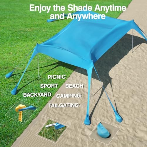 Rhino Valley Beach Tent Sun Shelter, Beach Canopy Tent Sun Shade UPF50+ Protection with 8 Sandbags 4 Stability Poles, Outdoor Beach Shade Canopy for Beach, Camping, Fishing