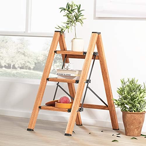 3 Step Ladder, Folding Step Stool with Anti-Slip Wide Sturdy Pedal and Handgrip, Multi-Use for Home and Kitchen Use, Space Saving-Woodgrain(300 lbs Capacity)