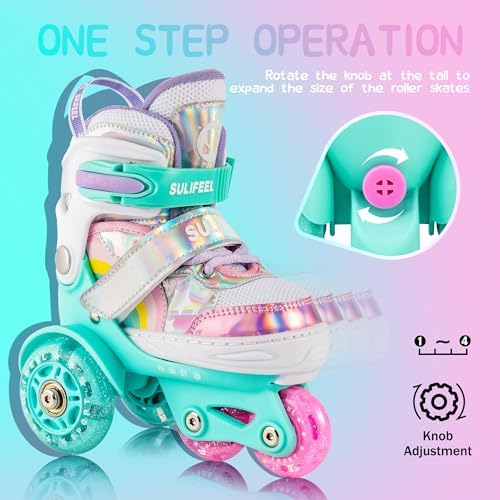 SULIFEEL Rainbow Unicorn 4 Size Adjustable Light up Roller Skates for Girls Boys for Kids