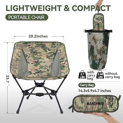 MARCHWAY Lightweight Folding Camping Chair, Stable Portable Compact for Outdoor Camp, Travel, Beach, Picnic, Festival, Hiking, Backpacking, Supports 330Lbs (Camo)