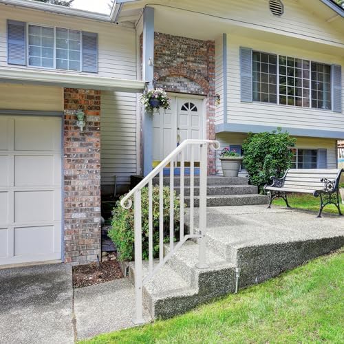 Outvita Handrails for Outdoor Steps, Wrought Iron Handrail Fits 2 or 3 Steps, Transitional Handrail with Installation Kit, Stair Railing for Concrete Steps or Wooden Stairs(White)