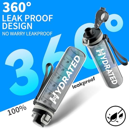 Water Bottle, 32 oz Motivational Water Bottles with Time Marker-Tritan & BPA Free, Sports Water Bottle with Time to Drink & Strap, Wide Mouth, Leakproof -Gift for Christmas Gym Fitness & Outdoor