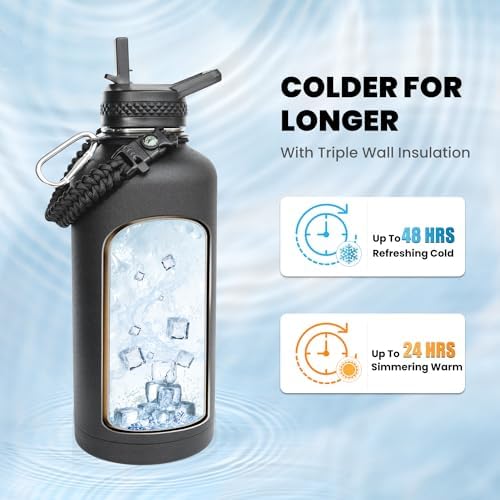 Insulated Water Bottle 87 oz, Triple Wall Vacuum Stainless Steel (Cold for 48 Hrs), Leak Proof & Non-BPA, Modern Water Flask Jug with Paracord Handle & Straw Spout Lids, Magic Black