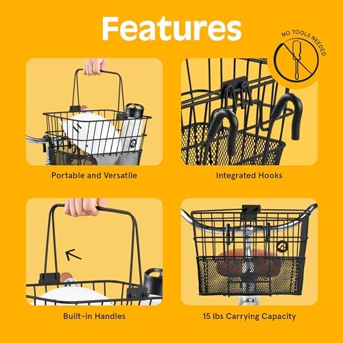 Retrospec Apollo Detachable Front Bike Basket Steel Half-Mesh with Integrated Detachable Hooks and Built-In Handle, Easy Assembly and Portability for Bicycles