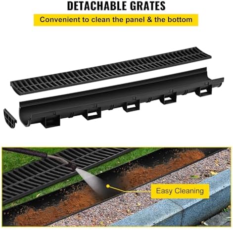 VEVOR Trench Drain System, Channel Drain with Plastic Grate, 5.7x3.1-Inch HDPE Drainage Trench, Black Plastic Garage Floor Drain, 5x39 Trench Drain Grate, with 5 End Caps, for Garden, Driveway-5 Pack