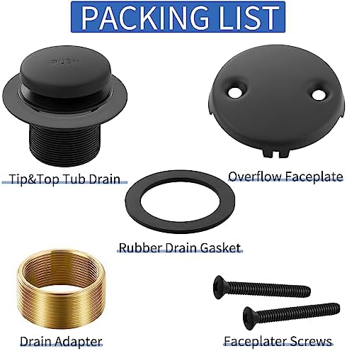 Matte Black Bathtub Drain Tip-Toe Tub Trim Set with Two-Hole Overflow Faceplate Bathroom Tub Drains Replacement Conversion Tub Drain Kit Assembly with Universal Fine & Coarse Thread
