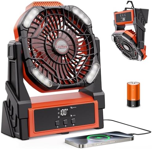 Portable Camping Fan, 20000mAh Rechargeable Battery Operated Fans with Lights, Outdoor Beach Tent Fan, 4 Speed, Adjustable Brightness for Picnic, Barbecue, Fishing, Office, Home