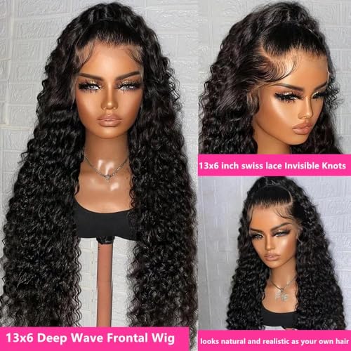 GCTGCT 32 Inch 13x6 Deep Wave Lace Front Wigs Human Hair Pre Plucked 13x6 HD Transparent Lace Frontal Wigs for Women Deep Curly Human Hair Lace Front Wigs with Baby Hair 180% Density Natural Black 