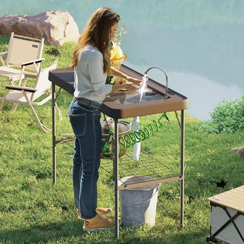 Outsunny Folding Fish Cleaning Table with Sink, Portable Camping Sink Station with Faucet, Drainage Hose, Sprayer and Grid Rack, Outdoor Fillet Table for Picnic Beach Patio, Tan