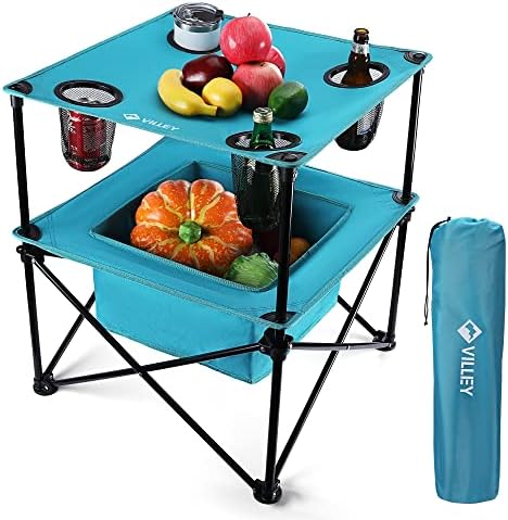 VILLEY Portable Camping Picnic Table, Lightweight Folding Beach Table with 4 Cup Holders and Carry Bag for Camp, Travel, Fishing, and Outdoor Activities