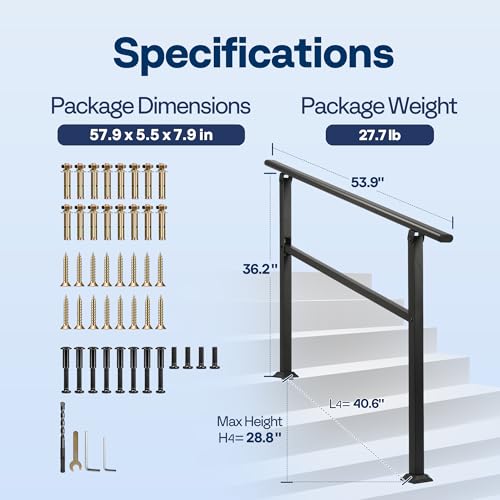 VIVOHOME 2-Pack 4 Step Hand Rails for Outdoor Steps, Wrought Iron Railing, Black Oval Exterior Hand Railing for Porch, Deck, or Indoor Stairs, Railing Kit