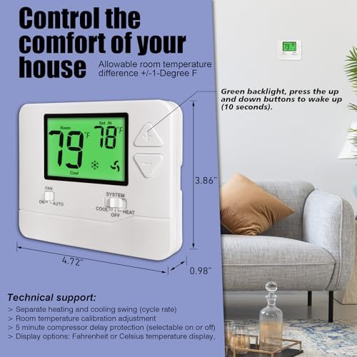Non-Programmable Thermostats for Home Conventional Single-Stage Systems, up to 1 Heat/ 1 Cool (with Green Backlight)