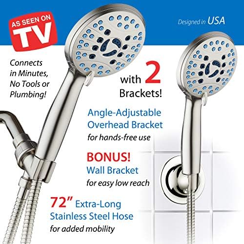 Hotel Spa AquaCare High Pressure 8-mode Handheld Shower Head, Anti-clog Nozzles, Built-in Power Wash to Clean Tub, Tile & Pets, Extra Long 6 ft. Stainless Steel Hose, Wall & Overhead Brackets