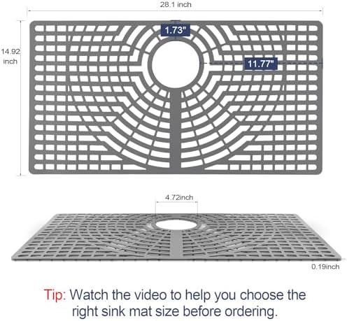 Silicone Sink Protector 28"x15" Rear Drain Hole, Heat Resistant Non-slip Dishwasher Suitable, Large Mat for Bottom of Farmhouse Kitchen Stainless Steel Sink(Grey)