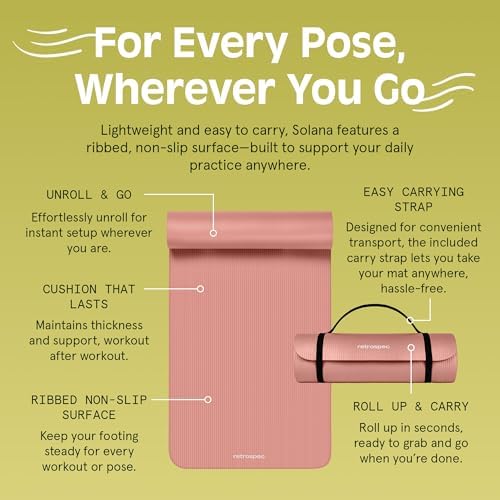Retrospec Solana Yoga Mat 1/2" Thick w/Nylon Strap for Men & Women - Non Slip Exercise Mat for Yoga, Pilates, Stretching, Floor & Fitness Workouts