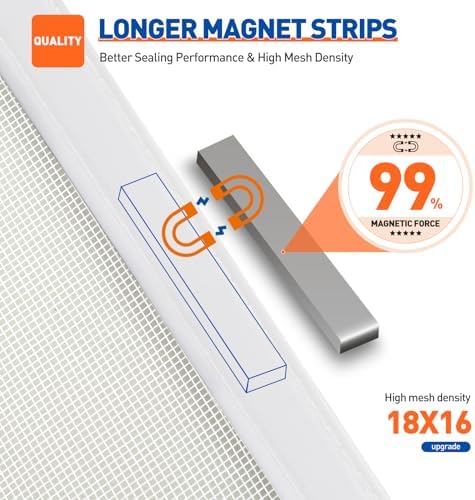 MAGZO Magnetic Screen Door Fit Door Size 38 x 96 Inch, Screen Size 40" x 97" Strong Magnet Door Mesh with Reinforced Hook & Loop for Patio, Sliding, French, White