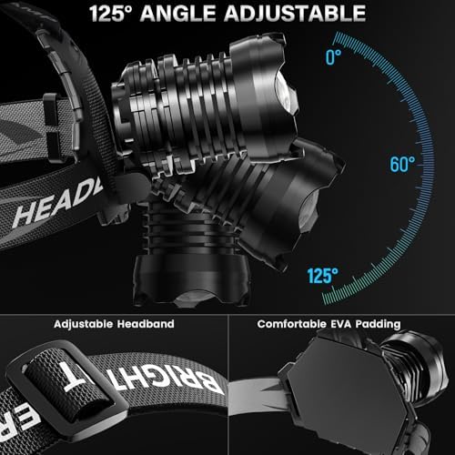 FARTIX Rechargeable LED Headlamp 2980 High Lumens, 12 Modes Zoomable Head Lamp, 95 Hours Long Battery Life & 125ยฐ Adjustable & IPX7 Waterproof Super Bright Head Light for Outdoor, Camping, Hard Hat