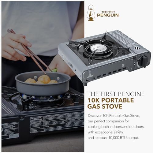 The First Penguin Portable Camping Stove - with Carrying Case 10,000 BTU Great for Emergency Preparedness Kit, High Power Butane Stove, Perfect for Camping, Hiking and Emergency-Grey