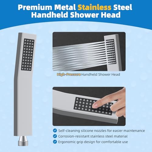 Hibbent All Metal Shower Head, 10'' High Pressure Rainfall Shower Head, Showerhead Combo, Handheld Shower Wand, 12'' Adjustable Curved Shower Extension Arm, 71'' Hose, Shower Head Holder, Chrome
