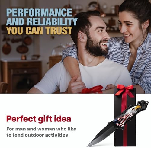 Patriotic Legal Pocket Knife Bald Eagle - 2.95” Serrated Sharp Blade - Small Tactical Knives with US American Flag for Men Dad - Best Folding Tool - Gifts for Him - Mens Birthday Gift Ideas 6680 E