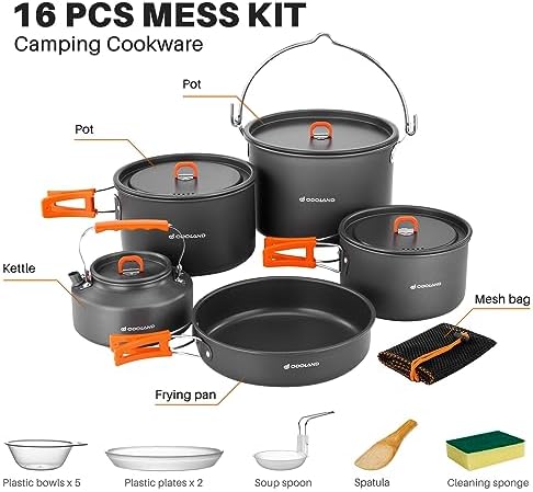 Odoland 18pcs Camping Cookware Large Size Hanging Pot Pan Kettle Set with Plastic Plates Bowls Soup Spoon for Camping, Backpacking, Outdoor Cooking and Picnic
